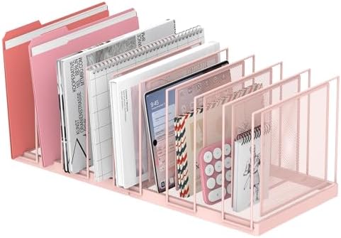 9-Section Desk File Organizer, Vertical File Holder, Mesh Desktop File Folder Metal File Organizer Stand for Office Home Classroom, Pink