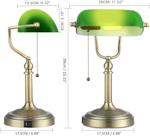 Green Glass Bankers Desk Lamp with USB Fast Charging Port
