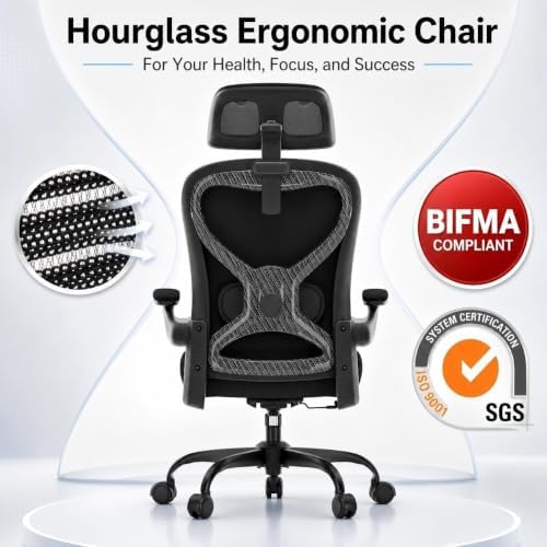 Ergonomic Office Chair for Long Hours and Back Pain Relief, Space-Saving Design with Adjustable Lumbar Support, Flip-Up Arms, 3D Headrest, Tilt & Rock, 330 LBS, Black/Carbon Fiber