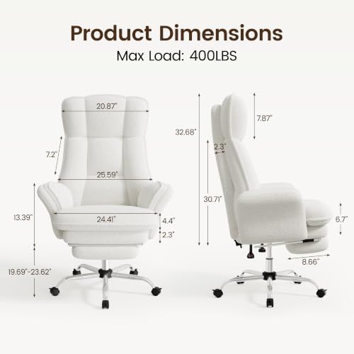 Criss Cross Office Chair with Flip Armrests, Big and Tall Criss Cross Chair with 6.7″ Plush Seat & Footrest, 135° Reclining Cross Legged Office Chair, Sherpa Fleece,White