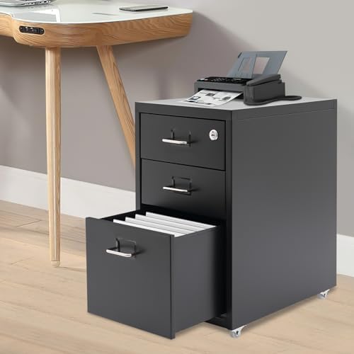 3 Drawer Rolling File Cabinet with Lock, Metal Filing Cabinet with Wheels, Desk Organizer with Drawer, Under Desk Storage for Home Office