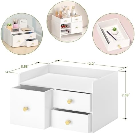 Bamboo Desk Organizer - Stackable, No Assembly Required, Ideal for Office/Home Use - Perfect for Toiletries, Stationery, Accessories. (White, Square drawer to the left of the fence)