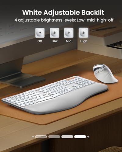 ProtoArc EK01 Plus Backlit Bluetooth Ergonomic Keyboard, White Silver