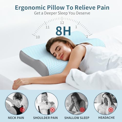 Neck Pillow Contour Memory Foam Pillows for Pain Relief Bed Pillow for Sleeping, Ergonomic Pillow for Neck and Shoulder Pain, Orthopedic Cervical Pillow for Side Back Stomach Sleeper (Light Blue)