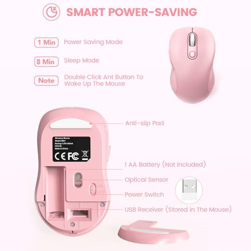 WisFox 2.4GHz Wireless Mouse for Laptop, Ergonomic 6-Button, Blush Pink