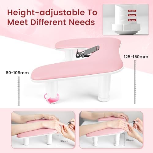 JODSONE Pink U-Shaped Manicure Arm Rest for Nails Tech with Rotating 360°Built-In Phone Holder and Adjustable Nail Arm Rest Detachable Manicure Hand Rest for Salon Design