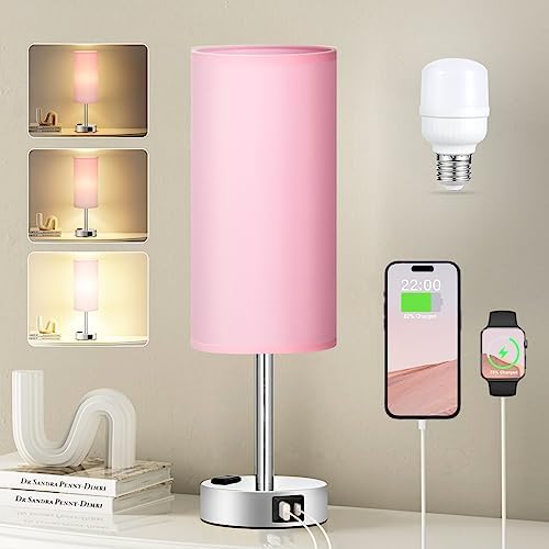 Fenmzee Pink Bedside Lamp for Bedroom, Dimmable Touch, USB A+C, AC Outlet