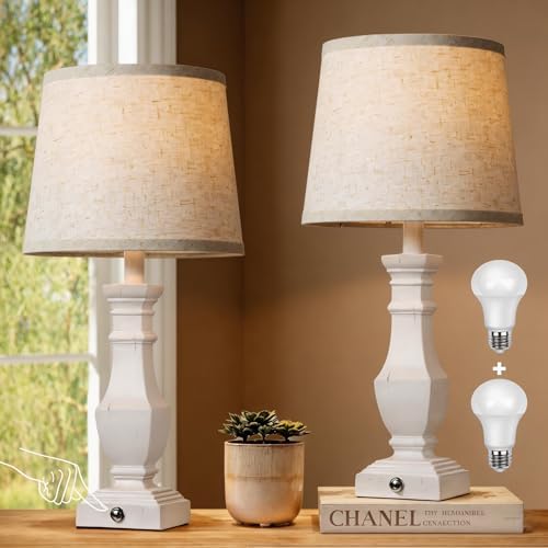 ROTTOGOON Dimmable Table Lamps Set of 2, Rustic Farmhouse Table Lamps for Living Room Bedroom, Bedside Desk Lamps for end Tables, Touch Lamps for nightstand, 9W Bulbs Included, 22", White