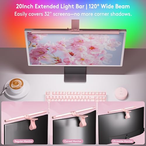 Quntis 20" Pink Monitor Light Bar with 15 RGB Modes, Flat & Curved Fits