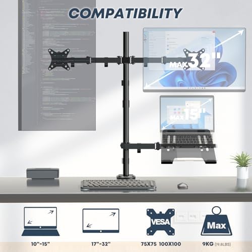 Dual Monitor Stand and Laptop Mount, Fits 32" Monitor & 15" Laptops