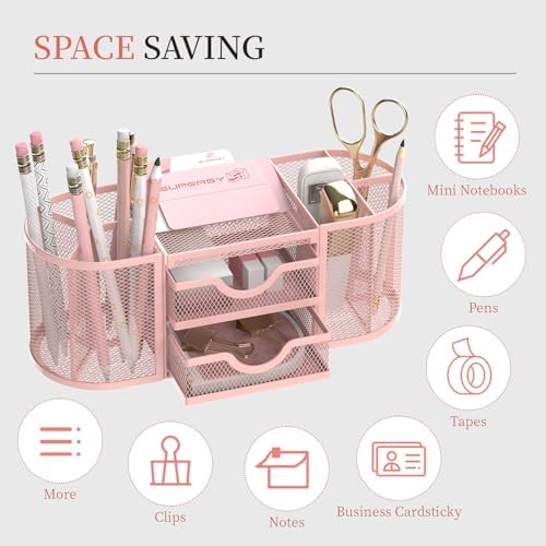 SUPEASY Mesh Desk Organizer, Pen Holder for Desk with 2 Drawers, Pink