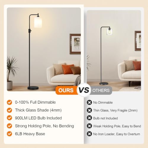 【Upgraded】 Dimmable Floor Lamp for Living Room with Opal Glass Lampshade, Black Modern Glass Floor Lamp with 900LM LED Bulb Included, Arc Standing Tall Lamp for Bedroom, Office, Reading Room, Corner