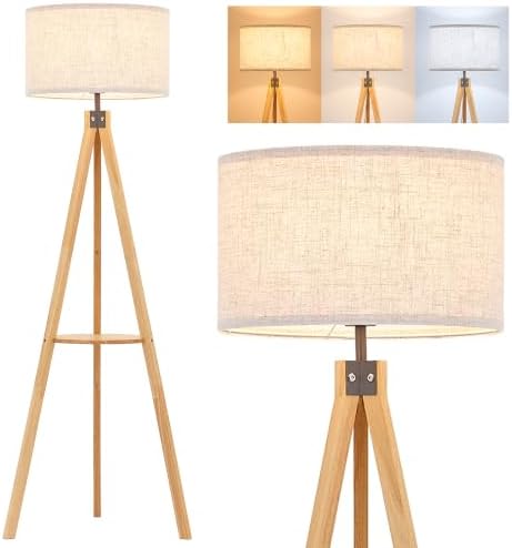 ELYONA Wood Floor Lamp for Living Room, Japandi Tripod Standing Lamp with Linen Shade & Wood Tray Table, Shelf Floor Lamp for Bedroom, Office, Dining Room, LED 3 Color Temperatures 9W Bulb Included