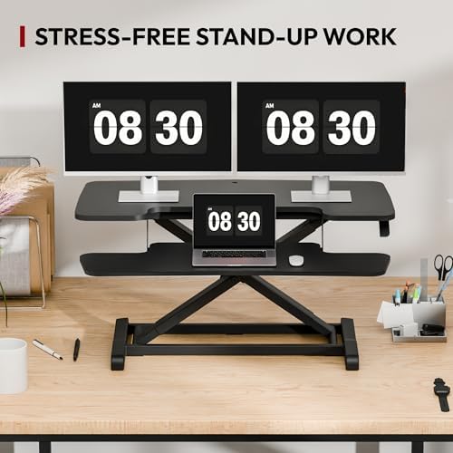 SANODESK 36" Standing Desk Converter, Adjustable Sit to Stand Desk Riser with Effortless Lifting for Home Office, Desk Topper for Dual Monitors, Computer Lift with Keyboard Tray, Black