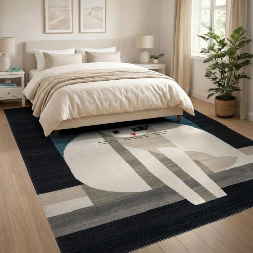 8'x10' Black White Cat Artistic Feline Design Washable Area Rug