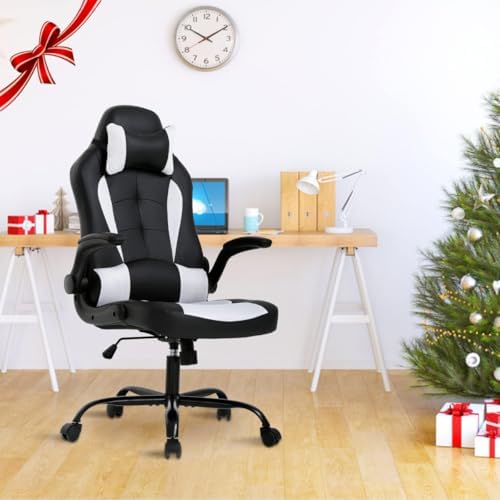 PC Gaming Chair,High Back Ergonomic Racing Office Desk Executive Chair with Lumbar Headrest Support,Flip Up Arms,PU Leather 360° Swivel for Kids Adults Women Men Gaming Home Office,White