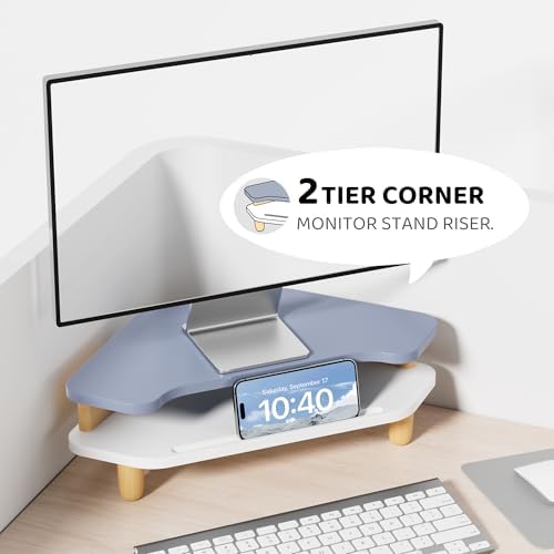 AFOOYO Monitor Stand Riser,2 Tier Corner Wood Sturdy 16.5In Computer Stand, Multi-Purpose Desktop Storage Stand for Laptop,PC,iMac,Printer,Computer,Blue