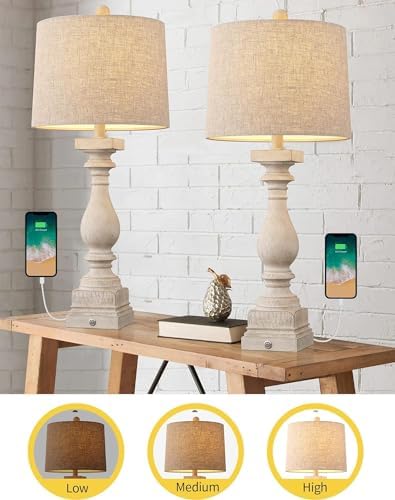 BOBOMOMO 27" Farmhouse 3-Way Dimmable Touch Control Table Lamp Set of 2 with USB A &USB C Charging Ports for Bedroom Living Room Vintage Rustic Traditional Nightstand Bedside Lamps (2 Bulbs Included)