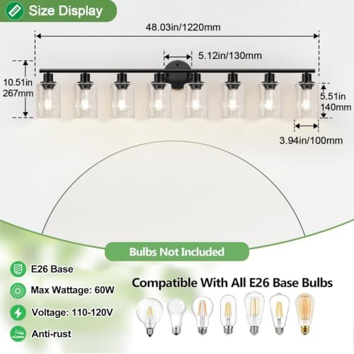 Zarbitta 8-Light Bathroom Light Fixtures, Black Modern Vanity Lights with Clear Glass Shade, Bathroom Wall Lamp, for Mirror Kitchen Living Room Hallway Cabinet Porch