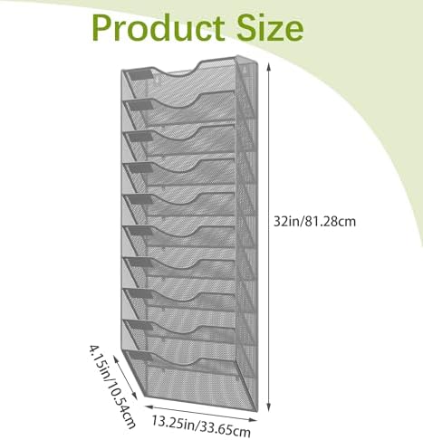 EasyPAG 10 Pocket Mesh Wall File Organizer, Hanging Paper Folder Holder with Classify Label, Vertical Wall Mount Mail Organizer for Office Home Classroom, Silver