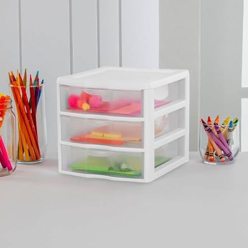 Sterilite Clearview Plastic Multipurpose Small 3 Drawer Desktop Storage Organization Unit for Home, Classrooms, or Office Spaces, White, (Pack of 6)