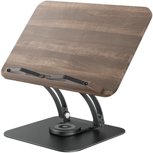 Tounee Book Stand for Reading, Adjustable Book Holder with 360° Swivel Base, Foldable Cookbook Stand Recipe Book Holder with Elastic Page Clips for Music Scores, Recipe, Tablet, Laptop-Black