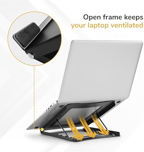 Mount-It! Laptop Stand for Desk, Adjustable Height Steel Laptop Riser for 10–15 Inch Laptops & Tablets, Foldable Portable Laptop Stand with Ventilated Cooling Design, Ergonomic Computer Stand, Black