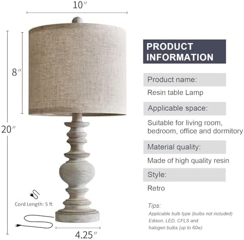 BOBOMOMO Tradition 20" Rustic Table Lamp Set of 2 for Living Room Bedroom Bedside Desk Lamps Bedroom Nightstand Vintage Lamps Linen（Suitable for Decorating Small Areas）