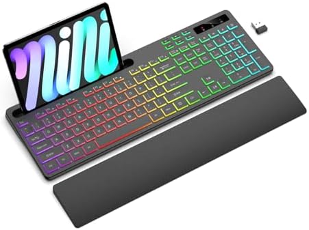 Soueto Wireless Keyboard with 7 Colors & 4 Modes RGB Backlit, Ergonomic Keyboard with Wrist Rest, Phone Tablet Holder, 2.4G Light Up Computer Keyboard with Numeric Keypad for Mac, Windows