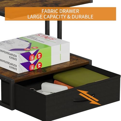 Printer Stand with Storage for Desk, with Fabric Drawer Desktop Printer Stand Shelf Organzier for Home Office, for Above and Under Desk Printer Table, Fax Machine Copier Scanner, Brown