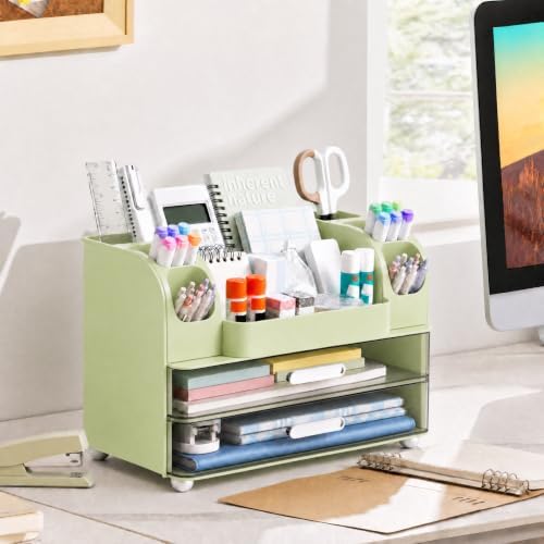 HBlife Desk Organizer with Pencil Pen Holder for Desk, Pen Organizer with 2 Drawers, Desk Organizers and Accessories with Compartments, Desktop Storage for Office, Home, School, Art Supplies, Green