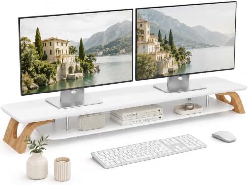 42.5''Dual Monitor Stand Riser for 2 Monitors with Acacia Wood, White