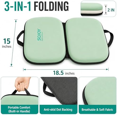 Sojoy 3-in-1 Foldable Gel Seat Cushion with Memory Foam Ergonomic Portable Cushion for Back Pain & Tailbone Relief - Perfect for Office Chair, Airplane Travel & Stadium Seats (18.5" x 15" x 2" Green)