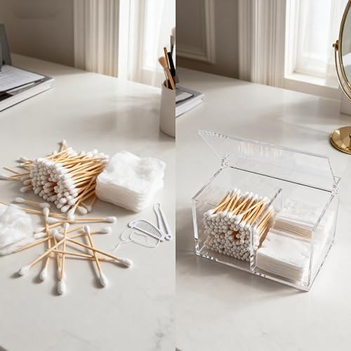 Clear Acrylic Cotton Swab Ball Holder Qtip Organizer with Lid 2-Grid Canister for Make Up Pads, Floss Picks, Vanity Storage,Bath Salts, Cosmetics, Home Bathroom Decor (DP004)