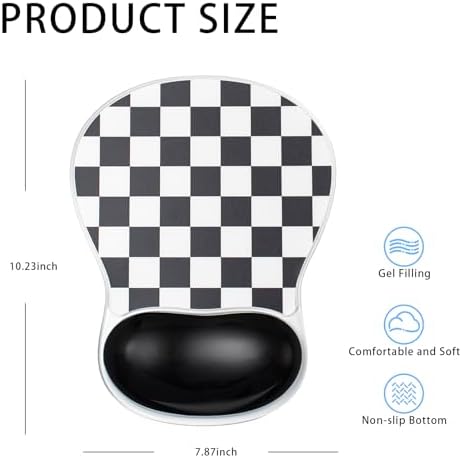 Checkered Mouse Pad with Gel Wrist Rest Support, Ergonomic Black Mousepad