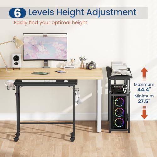 Snughome Mobile Keyboard Tray with Wrist Rest, Wire Cup Holder & 2 Hooks, Height Adjustable 27.5"-41.7", Rolling Keyboard Standing Desk with Lockable Casters for Home Office (Black)