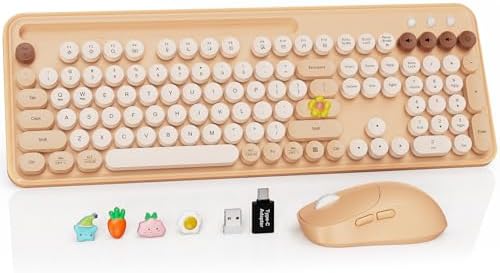 Wireless Keyboard and Mouse Combo, Round Keycap, Tablet Holder, Beige Color