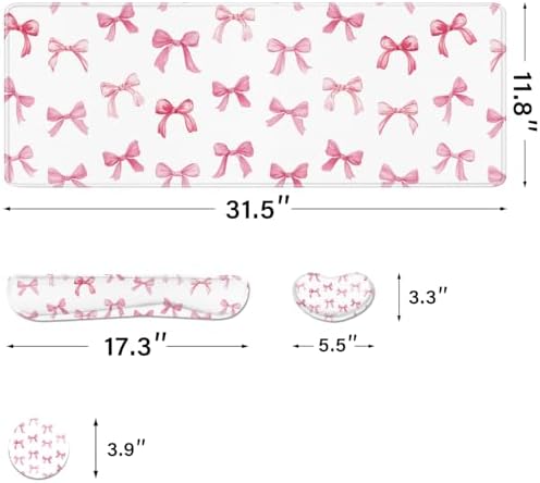 Desk Pad and Keyboard Wrist Rest, Large Mouse Pad + Keyboard Pad+Mouse Wrist Support, Non-Slip Desk Mat Protector for Office, Home 31.5×11.8 Inches Pink Bow