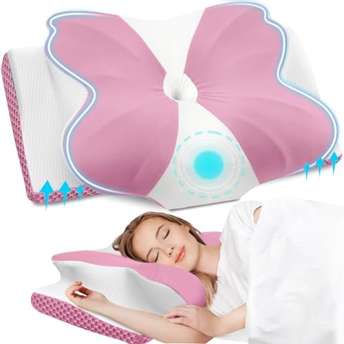 CloudBliss Cervical Memory Foam Pillow for Neck and Shoulder, Contour Neck Support Pillow with Cooling Case, Ergonomic Bed Pillow, Support for Side Back Stomach Sleepers (Pink, Standard Size)