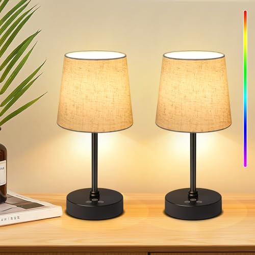 Wowag Small Cordless Table Lamp,5000mAh Rechargeable Battery Operated Desk Lamp,3 Colors & 7 RGB Stepless Dimmable, Portable Touch Wireless Lamp for Bedroom,Dining Table,Restaurant 2 Pack (Flaxen)