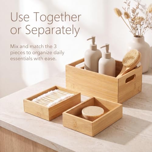 3 Pack Bamboo Storage Box with Handle, Wooden Organizer Bins