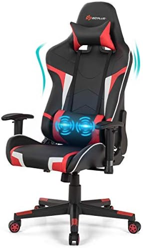 POWERSTONE Gaming Chair - Office Computer Gaming Racing Chair with Lumbar Massager Support PU Leather Adjustable Arms Headrest High-Back Recliner Ergonomic Rolling Swivel (Red)