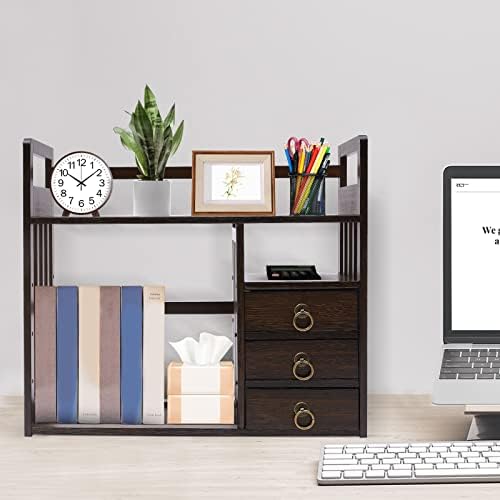 Bamboo Desk Book Shelf,Desktop Bookshelf Storage Rack Tabletop Standing Organizer Bookshelf with 3 Drawers,Freestanding Desk Bookcase for Home Dormitory Offices (Nut-Brown)