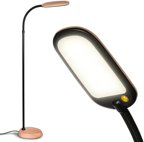 Brightech Litespan Slim LED Floor Lamp - Modern Reading Light Over Chair for Living Rooms & Offices, Tall With Adjustable Gooseneck, Crafts Work Light, Dimmable Standing for Bedroom - Wood