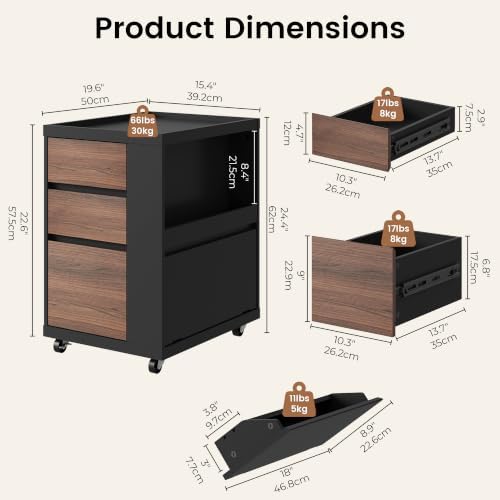 Mobile File Cabinet Under Desk with 3 Drawer, Office Storage Cabinet