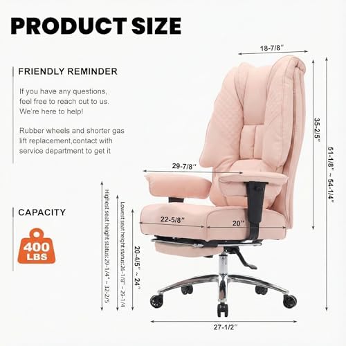 EXCEBET Big and Tall Office Chair 400lbs Wide Seat, Leather High Back Executive Office Chair with Foot Rest, Ergonomic Chairs Lumbar Support for Lower Back Pain Relief (Light Pink)