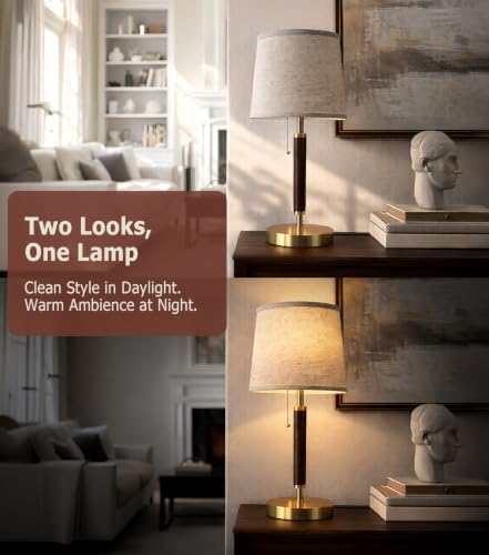 JOOFO Mid Century Wood Table Lamp with Pull Chain, Bedside Lamp