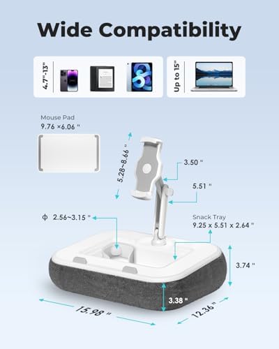 Viozon Kindle Pillow Stand Holder, Phone Holder for Bed, Laptop Lap Desk with Mouse Pad,Compatible with 4.7-13" Kindle/Tablet/Phone,10-15" Laptop, Snack Bowl&Cup Attachment&Detachable 360°Stand Arm