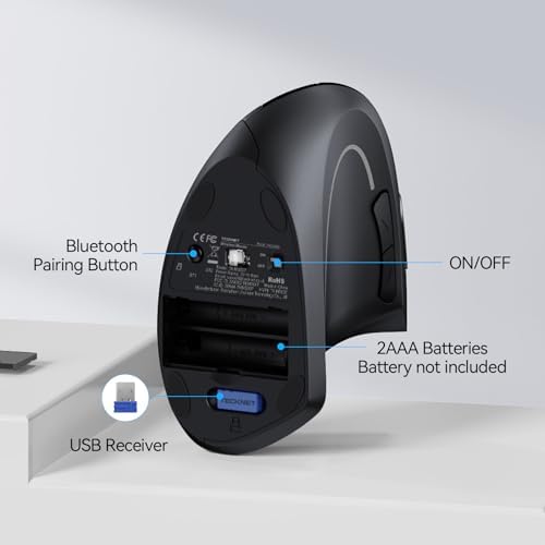 TECKNET Ergonomic Mouse, 4800 DPI Wireless Bluetooth Vertical, 3-Device