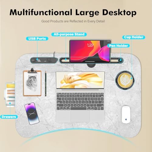 Lap Desk for Bed Adjustable Height, Foldable Bed Table with Storage Drawer, Tablet Slot & Cup Holder, Portable Laptop Stand for Bed & Sofa, Bed Desk for Adults & Kids, Light Stone Color